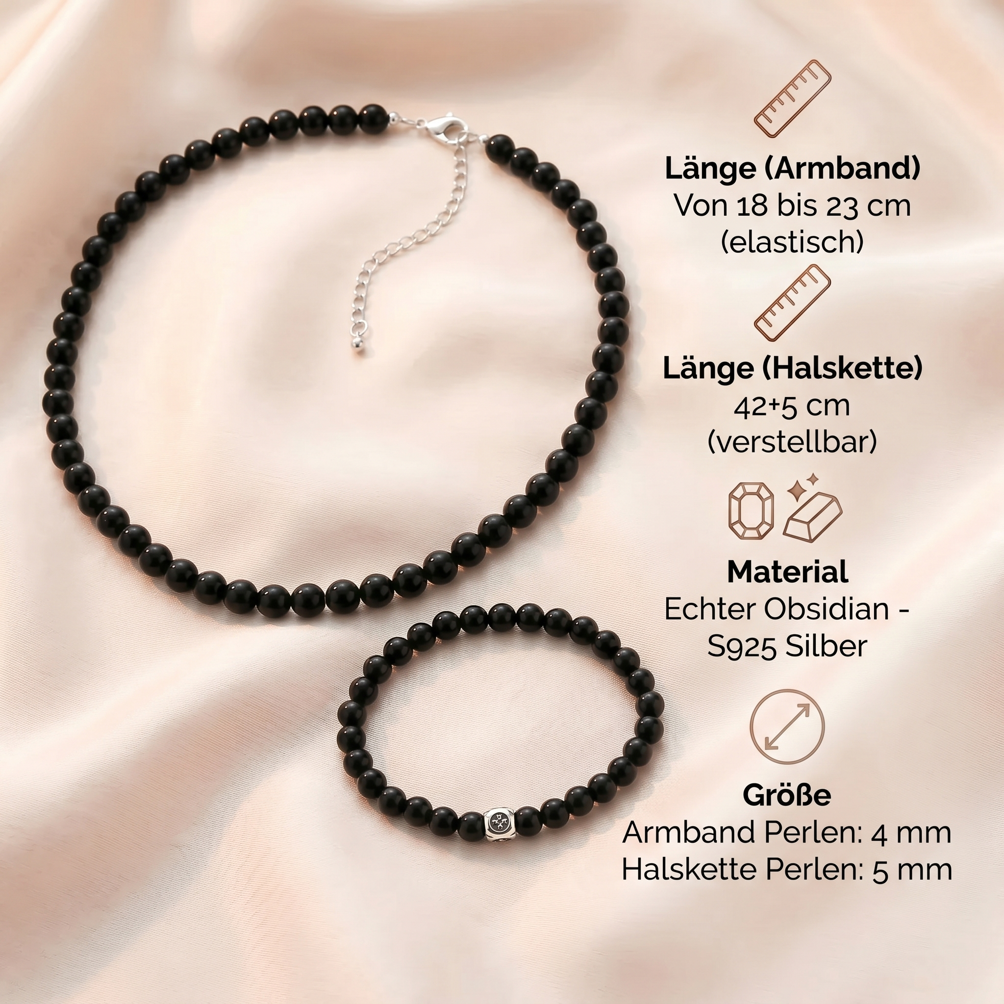 Obsidian Perlenset - Halskette & Armband