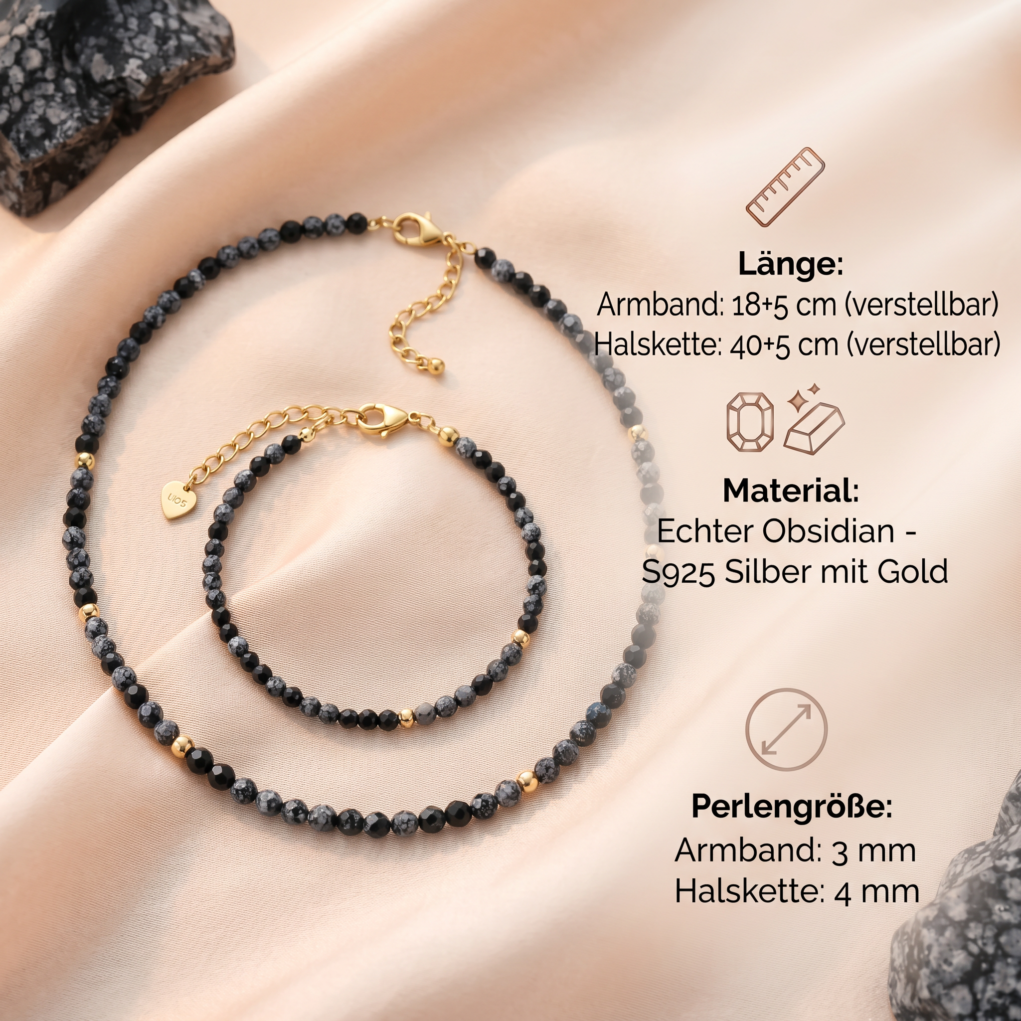 Schneeflocken Obsidian Set - Halskette & Armband