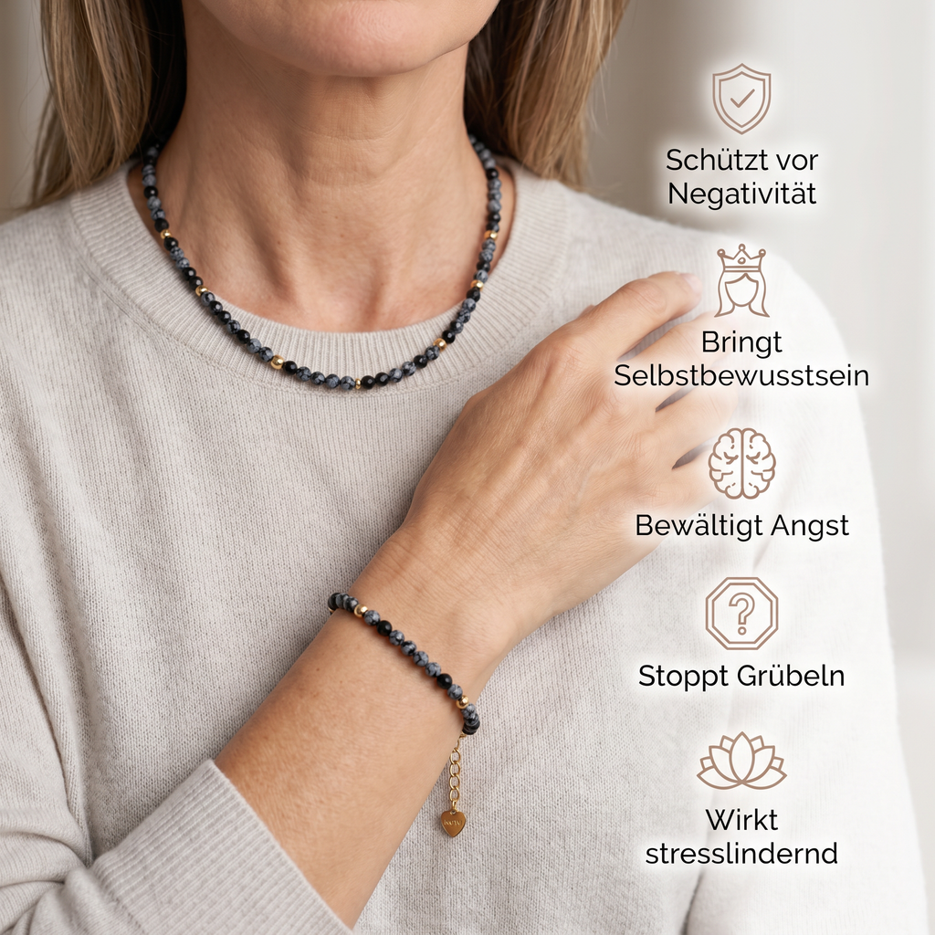 Schneeflocken Obsidian Set - Halskette & Armband