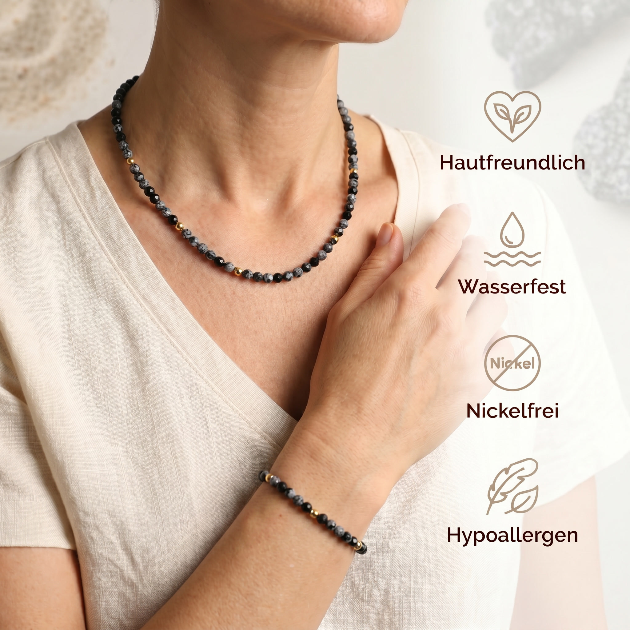 Schneeflocken Obsidian Set - Halskette & Armband