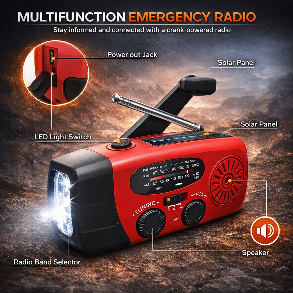 Notfall-Kurbelradio – Solar- und USB-wiederaufladbares Wetterradio mit Taschenlampe