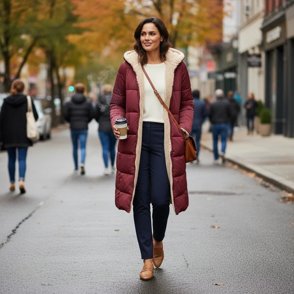 Lange Steppjacke mit Kapuze und Sherpa-Futter für Damen