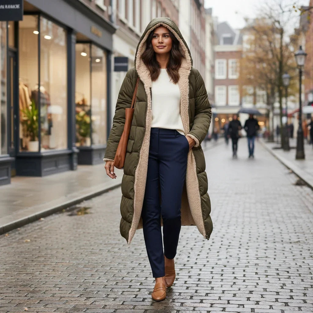 Lange Steppjacke mit Kapuze und Sherpa-Futter für Damen